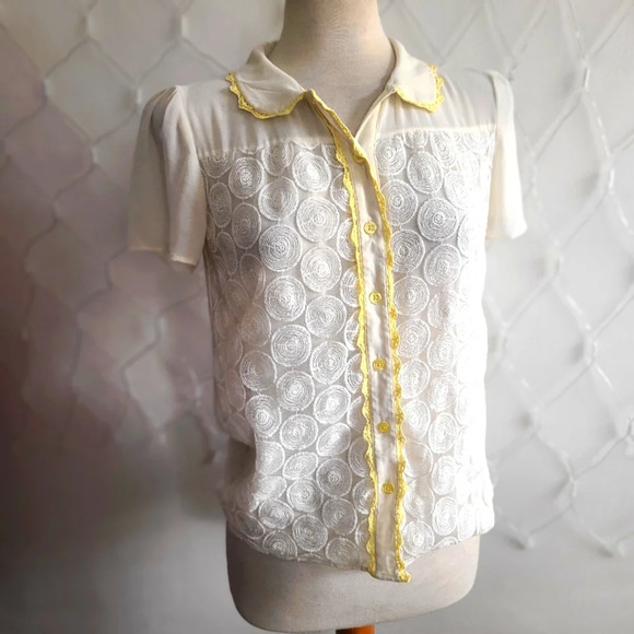 - Asos Blouse / Textured Embroidery / Ecru & Yellow / Size 2 - Picture 1 of 10